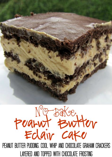 No-Bake Peanut Butter Eclair Cake Recipe - peanut butter pudding, cool whip and chocolate graham crackers layered and topped with chocolate frosting. It gets better the longer it sits in the fridge - it is just SO hard to wait to eat it. SOOO good. People go nuts over this easy dessert recipe! No Fail Cookie Recipes, Nutter Butter Wafer Recipes, Peanut Butter Eclair Cake No Bake, Peanut Butter Chocolate Graham Crackers, Eclaire Cake, Peanut Butter Eclair Cake, Peanut Butter Eclair, Graham Cracker Chocolate Eclair Dessert, No Bake Chocolate Peanut Butter Eclair Cake