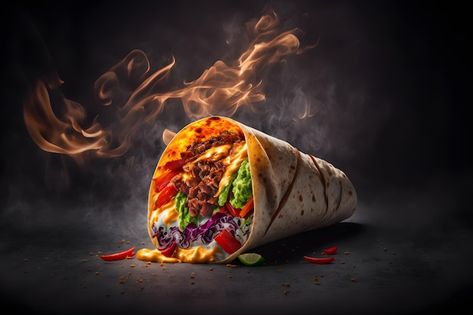 Photo big shawarma kebab fried on fire s... | Premium Photo #Freepik #photo #doner-kebab #shawerma #shawarma #gyros Street Food Sandwich, Shawarma Kebab, Beef Shawarma, Doner Kebabs, Bread Chicken, Doner Kebab, Food Menu Design, Pita Bread, Breaded Chicken