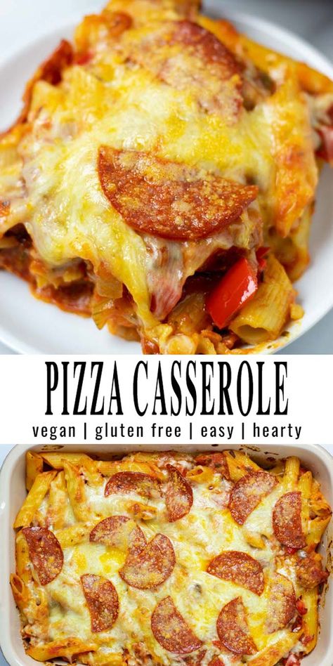 This Pizza Casserole is amazing in flavor and so impressive, but yet totally simple to make with step by step pictures. A keeper that the whole family will enjoy and no one would believe it is vegan. #vegan #dairyfree #vegetarian #contentednesscooking #freezermeals #pizzacasserole #dinner #lunch #mealprep Gluten Free Pizza Casserole, Tomato Sauce Italian, Contentedness Cooking, Vegan Pepperoni Pizza, Casserole Vegan, Vegan Simple, Easy Mediterranean Recipes, Vegan Pepperoni, Dairy Free Pizza