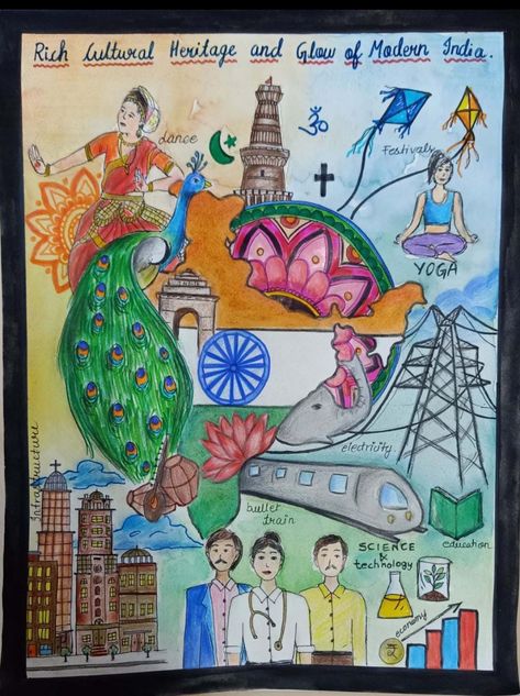 Ujwal Bharat Drawing, Incredible India Drawing Competition, India Heritage Drawing, Skill India Posters, Drawing On Indian Festivals, Indian Heritage Drawing For Competition, Mera Bharat Mahan Drawing, Future India Drawing Competition, Future India 2050 Drawing