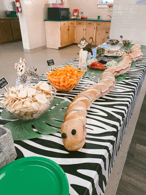 Jungle Themed 3rd Birthday Party, Wild And Three Birthday Activities, Jungle Theme Birthday Party Food Ideas, Party Animals Food Ideas, Snake Bday Party, Wild Life Birthday Theme, Rainforest Birthday Party Ideas, Jungle Safari Birthday Party Food, Animal Themed Food Party