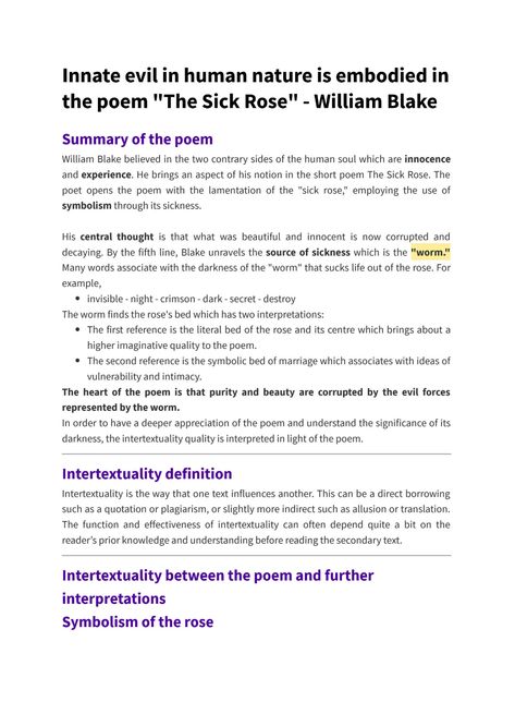 SOLUTION: Innate evil in human nature is embodied in the poem "The Sick Rose" by William Blake - summary study notes - Studypool The Sick Rose, Rose Poems, Short Poem, Rose Williams, Science Writing, Reading Tutoring, William Blake, The Poem, Short Poems