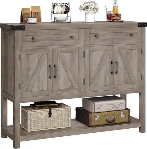 Amazon.com - HOSTACK Buffet Sideboard Cabinet with Storage, 47.2" Modern Farmhouse Coffee Bar with 2 Drawers, Barn Doors Console Table with Shelf for Kitchen, Dining Room, Living Room, Entryway (Ash Grey) - Buffets & Sideboards Farmhouse Entryway Table, Entryway Table With Storage, Barn Door Console, Console Table With Storage, Farmhouse Coffee Bar, Farmhouse Console Table, Farmhouse Entryway, Narrow Console Table, Buffet Sideboard