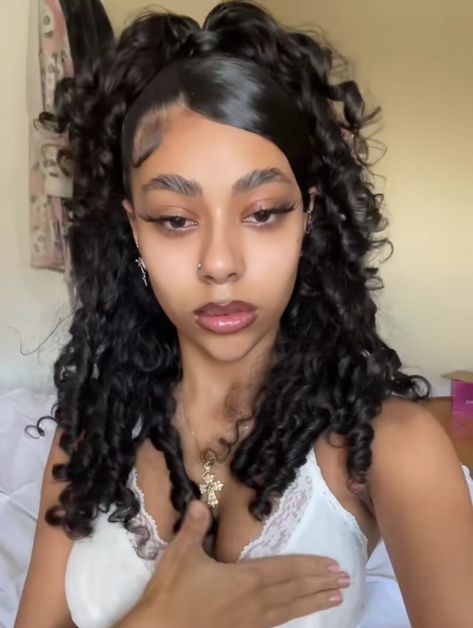 Curly Swoop Half Up Half Down, Curly Half Up Half Down With Swoop, Curly Hair Swoop, Braided Swoop Hairstyles, Swoop Ponytail Curly Hair, Curly Hairstyles With Ponytails, Half Up Half Down Side Swoop Curly Hair, Curly Hair Swoop Hairstyles, Side Swoop Half Up Half Down Curly