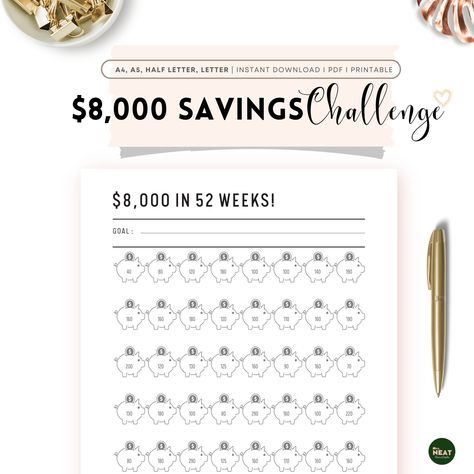 Excited to share the latest addition to my #etsy shop: 8000 Savings Challenge in 52 Weeks, Saving 8000 for retirement, Save 8000 in 52 weeks, 52 weeks savings challenge, PDF, Multiple sizes https://etsy.me/3XSIYVz #white #black #savingschallenge #52weekssavings #52week Money Saving Challenge Printable, Saving Challenge Printable, 52 Week Savings Challenge, 52 Week Savings, Money Savings, Saving Challenge, Hole Punches, 52 Weeks, Piggy Banks