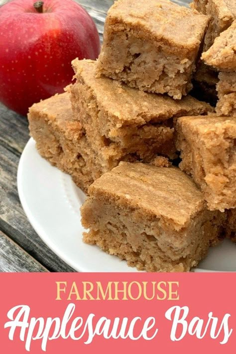 These Schoolhouse Applesauce Bars are an easy, sweet treat and fun snack for kids!  We serve these around the farmhouse table for snacks, desserts and sometimes for breakfast.  This simple and moist applesauce bar recipe is an egg free cross between a dessert bar and quick bread with cinnamon and nutmeg flavors that offer just the right level of spice!  Everyone who eats these LOVES them! Applesauce Bars, Recipe Using Applesauce, Easy Applesauce, Applesauce Recipes, Baking With Applesauce, Canned Applesauce, Applesauce Cookies, Applesauce Bread, Nutmeg Spice