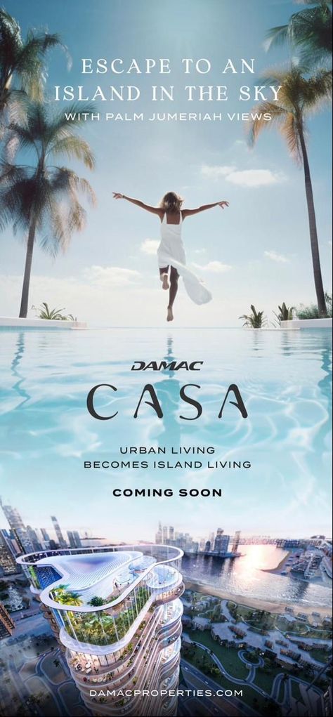 Live the luxury with one of the best investment opportunities in Dubai. Introducing CASA by Damac. Urban Living to island living, island living in the sky. With palm Jumeirah view. Choose from luxury and super luxury 1,2,3,4,5 bedroom apartments To register your interest, Call us at +971 588244056 WhatsApp: +971 588244056 #LuxuryLiving #RealEstate #dubai #mydubai #Lurban #Luxury #islandliving #CasaTower #DubaiMarina #DAMACProperties #SkylineViews #palmjumeirah Dubai Logo, Dubai Islands, Luxury Advertising, Indesign Layout, Dj Photos, Real Estate Advertising, Real Estate Marketing Design, Ads Creative Advertising Ideas, Real Estate Ads