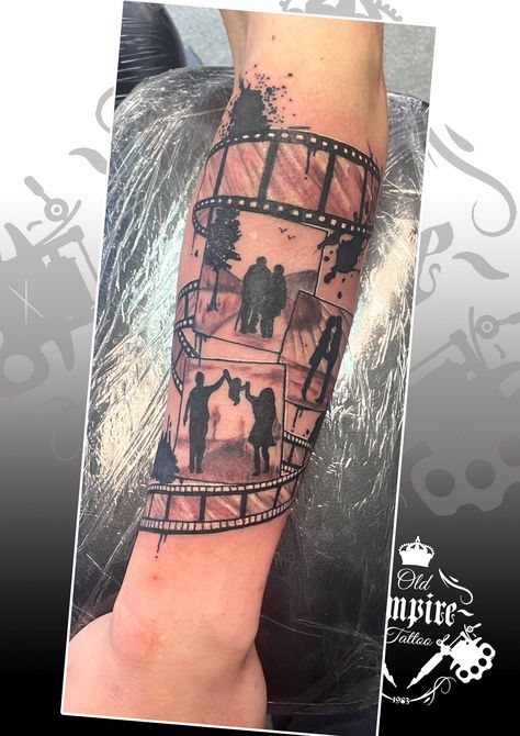 Film Reel Tattoo, Movie Character Tattoos, Camera Tattoo Design, Photographer Tattoo, Family Tattoos For Men, Empire Tattoo, Camera Tattoos, Family Tattoo Designs, Movie Tattoo