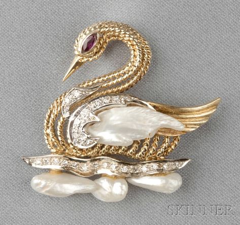 14kt Gold and Gem-set Figural Brooch, designed as a swan set with freshwater pearls, single-cut diamond melee accents, marquise-cut ruby eye Swan Jewelry, Swan Brooch, Gold Swan, Bird Jewelry, Pearl Brooch, Animal Jewelry, Baroque Pearls, 14kt Gold, Items For Sale