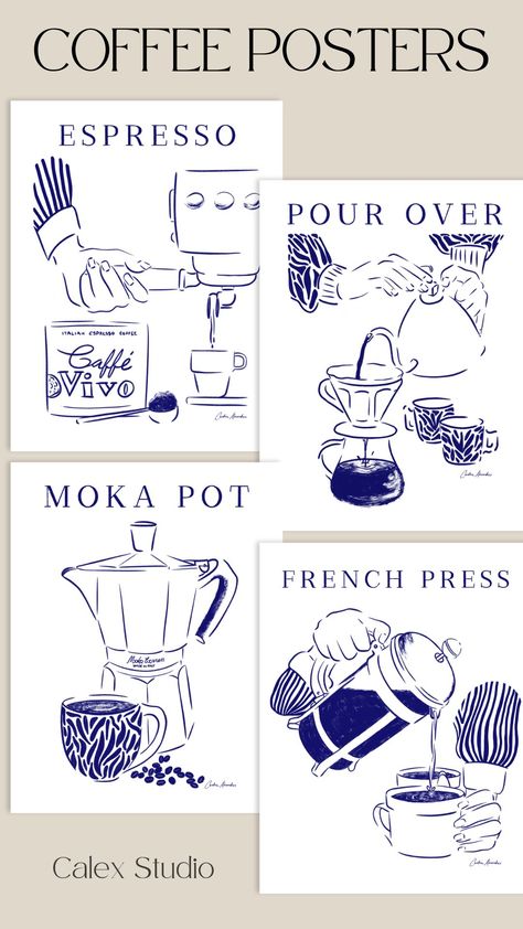 Pick your favorite brewing method or get a coffee line art print for each - Espresso, Pour Over Coffee, Moka Pot, and French Press. Coffee wall art hand drawn by Candace Alexandres, coffee art print for kitchen Coffee Wall Art Ideas, Cafe Pattern Design, Coffee House Illustration, Coffee Hand Drawn, Cafe Inspired Kitchen, Blue Coffee Bar, Coffee Illustration Design, Espresso Illustration, Coffee Methods