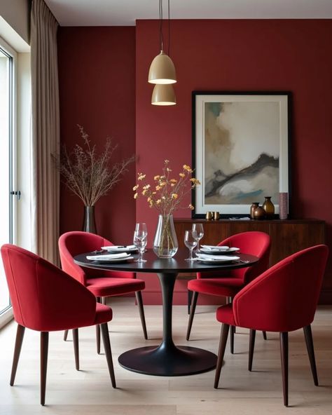 Color Series - Dining #diningroom #diningdesign Burgundy Dining Room, Red Dining Room Ideas, Gold Accent Wall, Red Dining Room, Dining Design, Retirement Home, Red And Gold, Dining Room Decor, Accent Wall