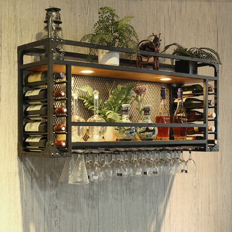 Bar hanging hanger iron household ceiling bar restaurant decoration hanging cabinet wine cabinet bar upside down tall cup holder Industrial Wine Racks, Home Wine Bar, Hanging Wine Glass Rack, Hanging Wine Rack, Bar In Casa, Bar Sala, Wine Bar Cabinet, Wine Rack Storage, Wall Mounted Wine Rack