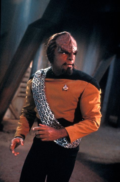 Worf, played by Michael Dorn, is a main character in Star Trek: The Next Generation and in seasons four through seven of Star Trek: Deep Space Nine. He also appears in the films based on The Next Generation. Worf is the first Klingon main character to appear in Star Trek, and has appeared in more Star Trek franchise episodes than any other character. Worf was the only main character to be a regular in more than one live-action Star Trek series. Klingon Empire, Star Trek Klingon, Astronomy Telescope, Star Trek Cast, Star Trek Show, Generation Photo, Star Trek Next Generation, Star Trek Beyond, Photo Star