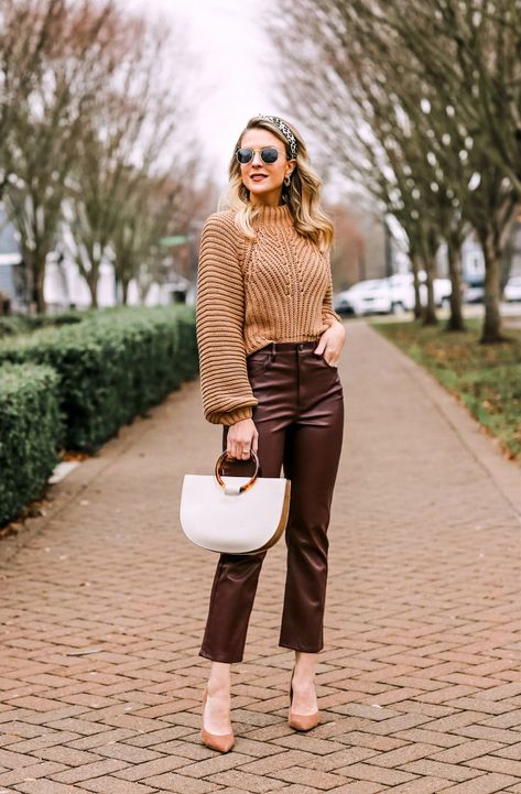 how to style crop flare pants Dark Autumn Neutral Outfits, Loft Leather Pants, Caramel Leather Pants Outfit, Dark Brown Leather Pants Outfit, How To Style Brown Leather Pants, Brown Faux Leather Pants Outfit, Brown Leather Pants Outfit, Faux Leather Pants Outfit, Neutral Knitwear