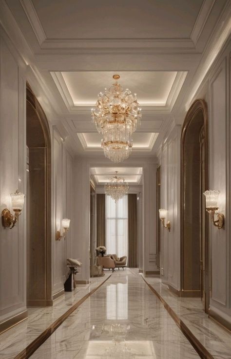 Classy Ceiling Design, Modern Palace Interior Design, Luxurious Mansions Interior, Classy Interior Design, Luxury Hallway, House Corridor, Ceiling Accent, Luxury Palace, Dining Room Design Luxury