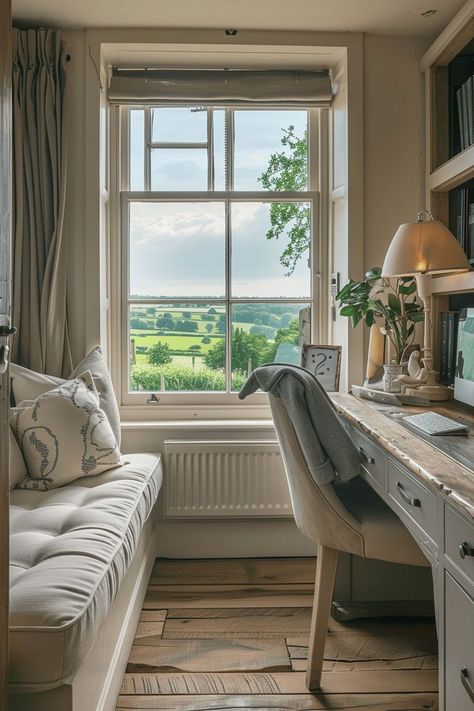 Cozy Cottage Corner with Window Seat and Desk British Style Home, English Countryside Home, Built In Window Seat, Countryside Home, Traditional Home Office, Classic Fireplace, Mid Century Minimalist, Perfect English, Rustic Desk