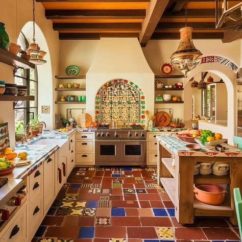 spanish_style_kitchen 2 Modern Hacienda Kitchen, Modern Spanish Style Homes, Spanish Kitchen Design, Hacienda Style Kitchen, Spanish Style Home Interior, Mexican Style Kitchens, Hacienda Kitchen, Spanish Style Tile, Modern Hacienda