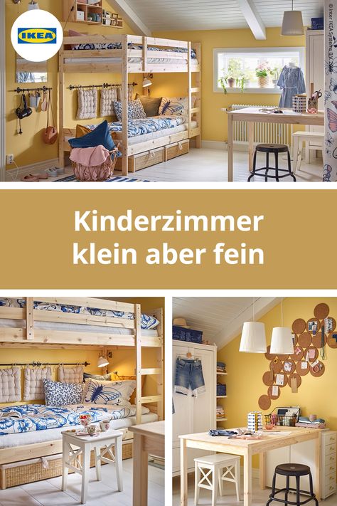 IKEA Deutschland | Wenn Geschwister gemeinsame Interessen haben, ist es ein Leichtes, aus einem geteilten Zimmer eine Kreativzentrale für ihre Ideen zu machen. Ja, sie schlafen in einem Etagenbett, aber auf diese Weise ist viel mehr Platz für ihre Hobbys. #IKEA #meinIKEA #schlafzimmer #bedroom #gelb #bettgestell #schlafen #schlafzimmer #einrichtung #kinderzimmer #klein #etagenbett #schlicht #minimalistisch #sleep #bett #holz #MYDAL Thermal Hotel, Ikea Kids Room, Common Room, Shared Room, Baby Boy Rooms, Furniture Deals, Creative Kids, Kid Beds, Boy's Room