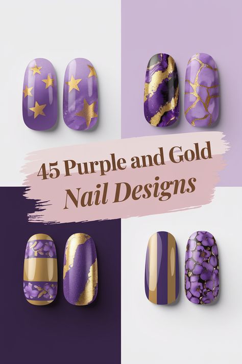 Don't think short nails can't rock purple and gold? Think again! We've curated a collection of 35 designs specifically for short nails.  From minimalist accents to intricate details, these designs prove that even short nails can make a statement.  Find ideas for purple and gold nails short, showcasing the best in nail art for those who prefer a shorter look. Purple Gold Marble Nails, Purple N Gold Nails, Purple Gold Nails Designs, Repunzle Nail Ideas, Purple And Gold Nails Short, Amethyst Nails Designs, Purple And Gold Nails Designs, Gold And Purple Nails, Purple Gold Nails