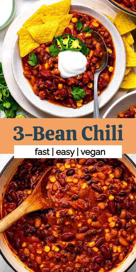 Spice up your weeknight dinner routine with this quick and flavorful three bean chili! Packed with a medley of kidney, black, and pinto beans, this hearty dish is not only a protein powerhouse but also a time-saving hero, ready to grace your table in just 25 minutes. Chili Beans Vegetarian, Veggie Bean Chili, 3 Bean Crockpot Chili, 3 Bean Chilli Recipe, Three Bean Chili Crockpot, Easy Bean Chili, Kidney Beans Recipes, Bean Chili Vegetarian, Bean And Lentil Chili