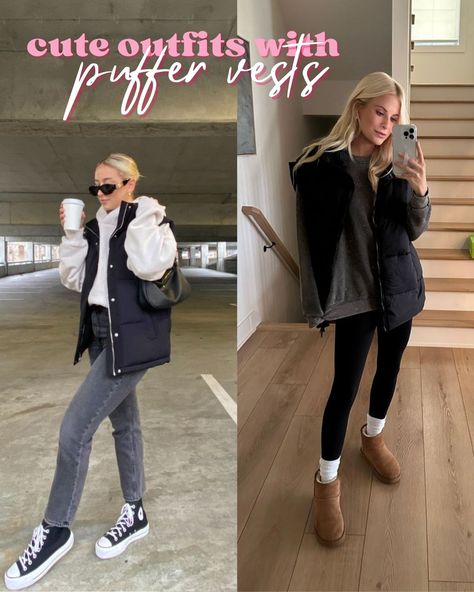 Puffer Vest Styling, Big Puffer Vest Outfit, How To Style Puffy Vest, Hooded Puffer Vest Outfit, Puffer Vest Street Style, How To Wear A Puffer Vest Women, Oversized Puffer Vest Outfits For Women, Styling A Puffer Vest, Hoodie Puffer Vest Outfit