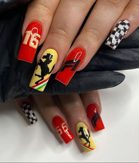 Ferrari Inspired Nails, Ferrari Nails F1, Ferrari Nail Art, Car Themed Nails, Charles Leclerc Nails, Max Verstappen Nails, Racing Nail Art, Porsche Nails, Car Nails Designs