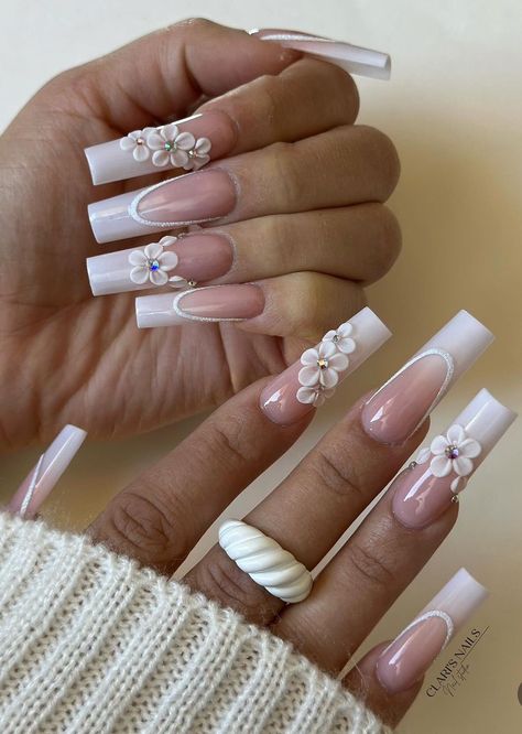 White Nails Ideas Square, White French Tip Square Nails, White French Tip Nails With Design Ideas, Gold And White Acrylic Nails, White Baddie Nails, Simple Flower Nails, Frenchies Nails, Bejeweled Nails, Nails Miami