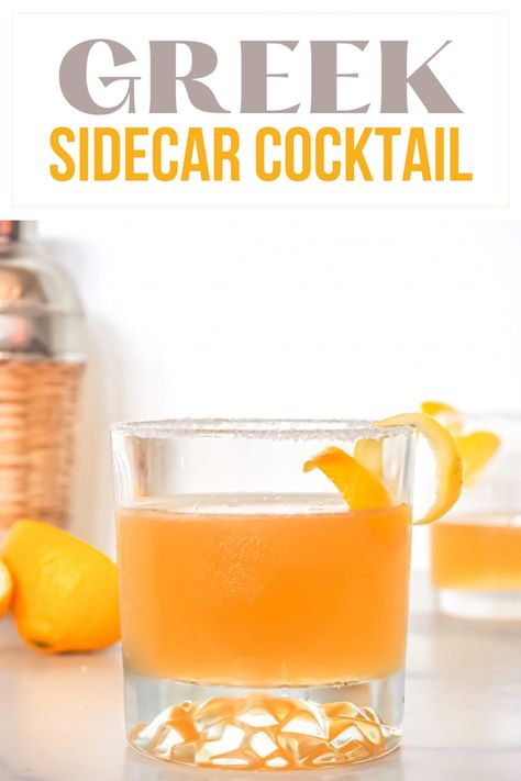 We love the idea of an old fashioned cocktail. One of the most classic cocktails is the Sidecar, a cocktail traditionally made with cognac, orange liqueur, and lemon juice. We thought we would take this classic and “Greek it up” a bit by adding Metaxa, resulting in the Greek Sidecar Cocktail. via @CookLikeaGreek Ouzo Cocktails, Greek Drinks, Greek Dinner Party, Greek Night, Sidecar Cocktail, Greek Menu, Greek Dinner, Best Mixed Drinks, Recipes By Ingredients