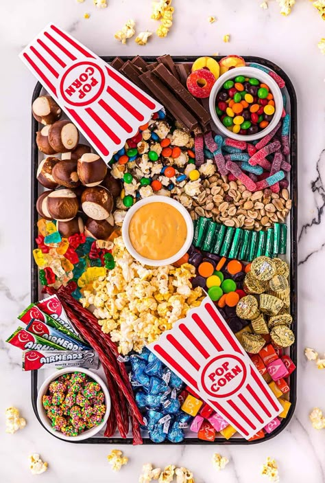 25 Charcuterie Board, Movie Night Charcuterie, Movie Night Charcuterie Board, Charcuterie Party, Movie Night Food, Candy Board, Charcuterie Board Ideas, Movie Night Snacks, Party Food Buffet