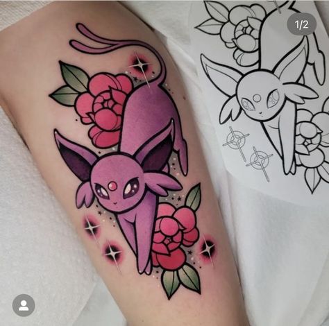 Espeon Tattoo Design, Evee Tattoos, Leafeon Tattoo, Pokémon Sleeve, Espeon Tattoo, Pokemon Sleeves, Nintendo Tattoo, Pokemon Tattoos, Pokemon World