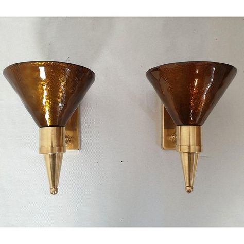 Pair of Mid Century Modern Murano glass and brass sconces, Attributed to Sciolari, Italy 1970s. The vintage sconces are made of a thick Murano glass cone, nesting the light and brass mounts. The Murano glass is mirrored, in a warm dark caramel color. It lets some light through when lit, and creates a halo projection on the wall. Note that we used only 20W light bulbs on the pictures. If you use a 90W bulb the halo of light will be more important and intense. The pair of Murano sconces are professionally rewired for the US. Dimensions of the brass back plates are: H 5.9 x W 2.95 in. The Italian sconces are in excellent condition. Unique Bathroom Lighting, Living Room Wall Sconces, Wall Sconces Bathroom, Italian Wall Lights, Kitchen Sconces, Art Deco Wall Sconces Vintage, Wall Light Fixtures 70s, Mid Century Light Fixtures, Hanging Sconces