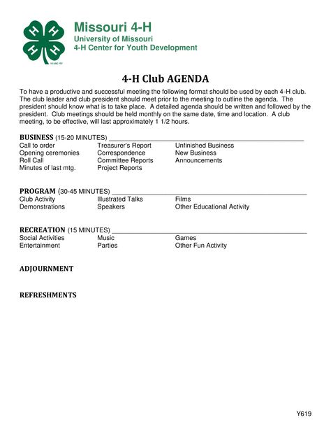 Club Meeting Agenda - How to create a Club Meeting Agenda? Download this Club Meeting Agenda template now! 4h Leader, 4h Activities, 4h Meeting Ideas, 4 H Meeting Activities, 4-h Meeting Ideas, 4h Club Activities, 4-h Meeting Agenda, 4h Meeting Activities, Mentor Meeting Agenda