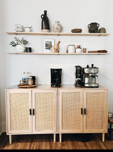 Coffee Corner Shelves, Japandi Coffee Bar, Simple Coffee Bar Ideas, Vintage Eclectic Home, Coffee Nook, Home Coffee Bar, Coffee Bar Home, Interior Design Boards, White Shelves