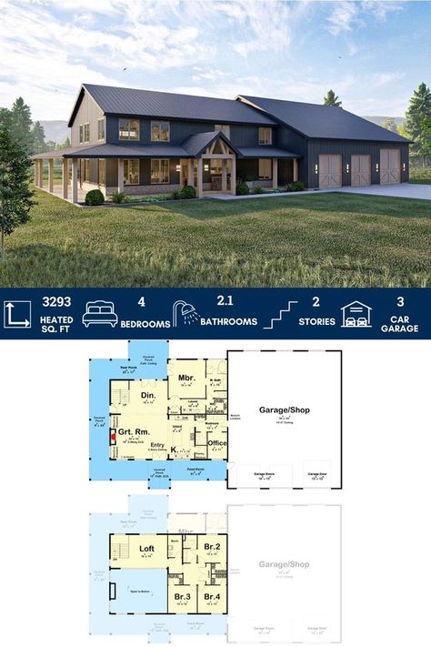 Barndominium With Rv Garage, Metal Shop Houses, Large Garage, Rv Garage, American House Plans, Barn House Design, Barndominium Plans, Barn Style House Plans, Garage Floor Plans