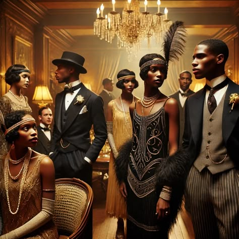 1920s Party Ideas Costumes, 40th Birthday Gatsby Theme, 1940 Theme Party Ideas, Roaring 20s Photography, Harlem Nights Outfits For Men, Mobster Photoshoot Ideas, Black Excellence Theme Party, The Great Gatsby Party Theme Outfit, 1920s New Years Eve Party