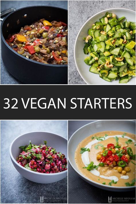 32 Delicious Vegan Starters that won't disappoint!... #Recipes #MealIdeas #GreedyGourmet #Vegan #VegetarianRecipes Vegan Starter, Vegetarian Starters, Cherry Tomato Salad, Vegan Starters, Starter Recipes, Gourmet Vegan, Cucumber Recipes, Vegan Appetizers, Starters Recipes