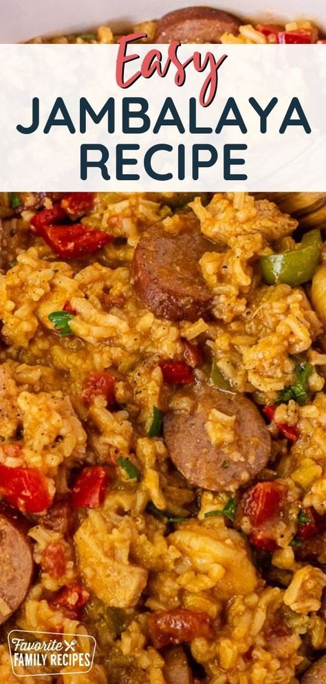 This easy Jambalaya Recipe is a zesty Cajun dish packed with savory meats, rice, and aromatic spices. Our easy jambalaya recipe is great for a family weeknight dinner, or to serve to company. We like to make it around the time of Mardi Gras, just for fun. It will transport your taste buds straight to the heart of New Orleans. Jumbolia Recipes, Easy Jambalaya Recipe, Chicken Jambalaya Recipe, Easy Jambalaya, Sausage Jambalaya Recipe, Jambalaya Recipe Easy, Cajun Dishes, Jambalaya Recipe, Southern Recipes Soul Food