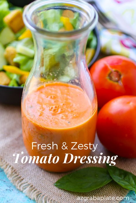 Fresh & Zesty Tomato Dressing is perfect for almost any salad you serve this summer! Homemade salad dressing is fresh and fabulous! Tomato Onion Salad, Tomato Salad Dressing, Tomato Dressing, Homemade Salad Dressings, Arugula Pesto, Easy Salad Dressing, Spicy Peanut Sauce, Grape Salad, Onion Salad