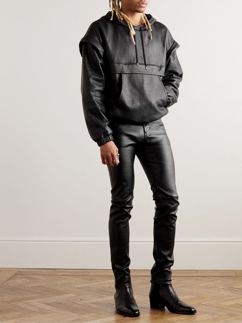 SAINT LAURENT's hoodie is much sleeker than your average style. Made from panels of textured-leather, it's embossed with the brand's logo at the front and has layered sleeves and elasticated trims. Style yours with everything from tailoring to denim. Saint Laurent Collection, Leather Hoodie, Layered Sleeves, Hoodie For Men, Hoodies Mens, Leather Style, Mens Activewear, Cotton Hoodie, Mens Clothing