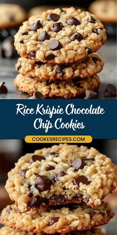 Add a fun twist to classic cookies with these Rice Krispie Chocolate Chip Cookies! Crispy, chewy, and loaded with chocolate chips, these cookies are the perfect balance of textures. Great for a sweet snack, dessert, or even gifting! 🍫 #ChocolateChipCookies #RiceKrispieCookies #CookieRecipes Chocolate Chip Cookies Cupcakes, Chewy And Crispy Chocolate Chip Cookies, Chocolate Cookies Bars, Healthy Delicious Cookies, Chocolate Chip Cookies Chewy Recipe, Chocolate Chip Cookie Squares Recipe, Rice Krispie Chocolate Chip Cookies Recipes, Chocolate Chip Rice Crispy Cookies, Crumbl Cookie Rice Krispie Recipe