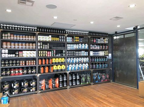 Wall Racks, shelves, for gym supplement shop fitout. 5m long, 2.8m high Supplement Store Interior Design, Supplement Shop Interior Design, Wall Racks Shelves, Chip Display, Supermarket Design Interior, Supplement Shop, Gym Plans, Gym Supplements, Nutrition Store