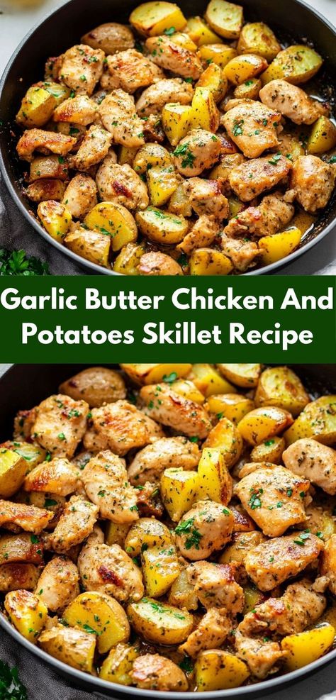 Craving a satisfying dish that pleases everyone? This Garlic Butter Chicken and Potatoes Skillet combines tender chicken and crispy potatoes, making it an ideal choice for busy nights and family dinner gatherings. Easy Chicken Crockpot Recipes Healthy, Crockpot Recipes Healthy Chicken, Chicken And Potatoes Skillet, Garlic Butter Chicken And Potatoes, Butter Chicken And Potatoes, Healthy Chicken Meals, Chicken Recipe For Dinner, Craving Tasty, Potatoes Skillet