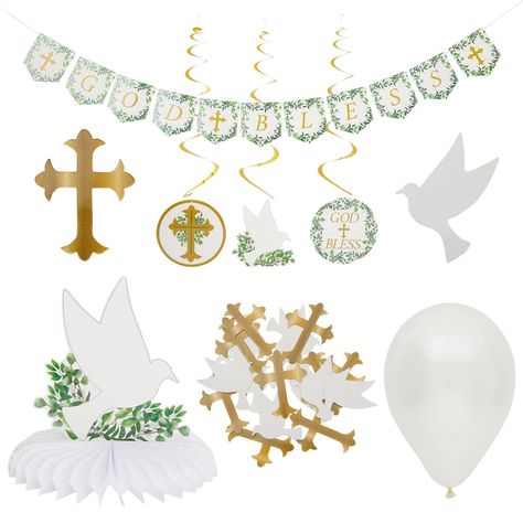 Baptism Decorations Party Set with Hanging Swirls, God Bless Banner, Balloons, Confetti, Centerpiece (58 Pieces) | Michaels Honeycomb Centerpiece, Baptism Party Decorations, First Communion Banner, Christening Decorations, Boys First Communion, First Communion Decorations, Communion Decorations, Baptism Decorations, Cake Banner Topper