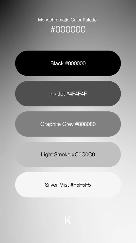 Monochromatic Color Palette Black #000000 · Ink Jet #4F4F4F · Graphite Grey #808080 · Light Smoke #C0C0C0 · Silver Mist #F5F5F5 Black Grey Color Palette, Silver Palette, Wax Room, Learn Ux Design, Silver Color Palette, Waxing Room, Tone Color Palette, Calm Color Palette, Total Darkness