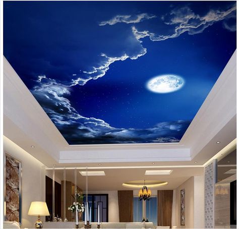 3d Ceiling, Wallpaper Romantic, Portrait Wallpaper, Wallpaper Painting, Sky Ceiling, Night Sky Moon, Custom Photo Wallpaper, Roof Paint, 3d Portrait