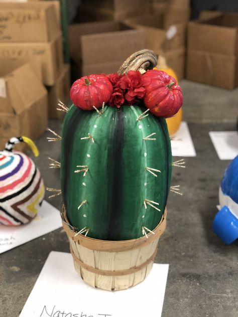 Cactus Pumpkin Painting Ideas, Cactus Painted Pumpkin, Western Painted Pumpkin Ideas, Cactus Pumpkin Painting, Pumpkin Cactus, Cactus Pumpkin, Fall Outside Decor, Pumkin Ideas, Pharmacy Week