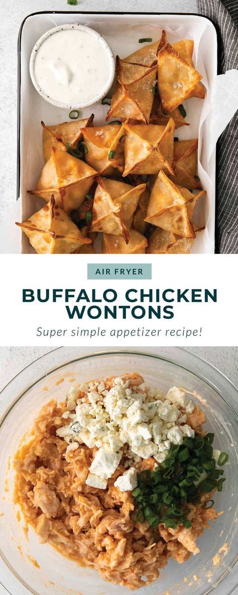 Buffalo Chicken Wontons Baked, Buffalo Chicken Dip Bites Air Fryer, Buffalo Chicken Wontons Fried, Buffalo Chicken Wontons Air Fryer, Buffalo Wontons, Wonton Wrapper Recipes Air Fryer, Air Fryer Wonton Recipes, Easy Buffalo Sauce, Air Fryer Wontons