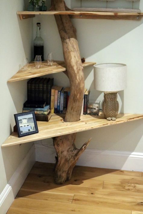 Tree Corner, Trunk Furniture, Rustic Furniture Design, Rustic Log Furniture, Corner Bookshelf, Tree Shelf, Shelf Diy, Driftwood Art Diy, Meditation Room Decor