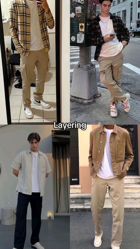 Aesthetic Outfit Ideas For Men, Summer Man Style, Layer Outfits Men, Outfit Pantalon Beige Hombre, Men Summer Outfit Aesthetic Vintage, Uniqlo Men Outfit, Mens Layering Outfits, Layering Outfits Men, Outfit Color Combinations