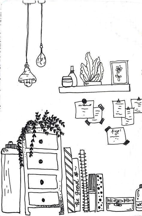 Interior Doodle Art, Shelf Drawing Sketch, Shelf Doodle, Window Doodle, Room Doodle, Table Doodle, Room Coloring Pages, Shelf Drawing, Home Doodle